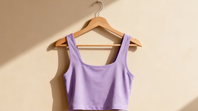 A plain lavender crop top mockup hanging on a wooden hanger.