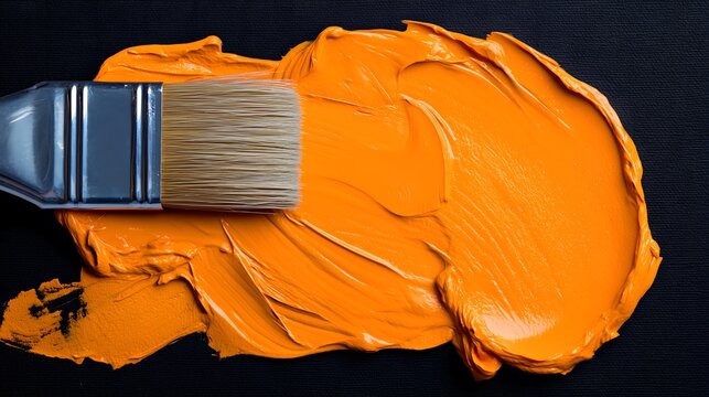 Brush painting orange stroke on black canvas background
