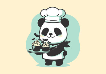 Cute panda chef baking cupcakes cartoon vector