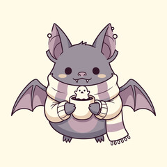 Cute Bat Drinking Coffee in Halloween Costume Cartoon