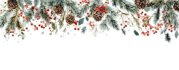 Festive Christmas Border with Pine Cones, Holly Berries and Evergreen Branches for Holiday Decor