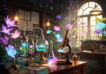 Illustration of mystical glowing flower laboratory with vintage microscope