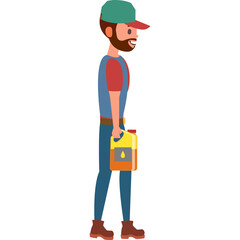 Cartoon Man Holding Yellow Liquid Container Wearing Red Shirt Blue Vest and Baseball Cap Smiling