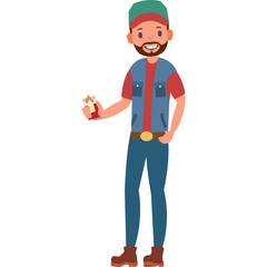 Cartoon Man Wearing Blue Vest Red T Shirt Green Cap Holding Small Jar With Red Lid And Yellow Contents Standing Full Body Shot On White Background