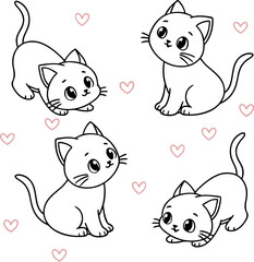 Four Cute Kittens in Minimalist Line Art with Heart Accents — Seamless vector pattern of four playful kittens in different poses with subtle heart accents, perfect for textiles, stationery, digital ba