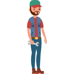 Cartoon Mechanic Character Holding Wrench Wearing Blue Vest Red Shirt Blue Jeans and Green Cap Standing Isolated on White Background