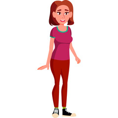 Cartoon Woman Standing Full Body Wearing Maroon T Shirt and Dark Red Pants with Sneakers White Background