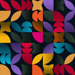 Vibrant dark abstract pattern with organic geometric shapes, deep jewel tones, and colorful grain texture.