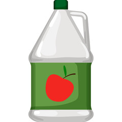 Cartoon illustration of a large white plastic jug with a green label and a red apple graphic with a brown stem and a green leaf on a transparent background