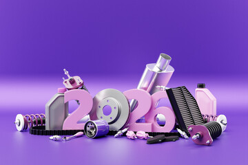 Greeting Christmas card with inscription 2026 and auto parts of the car on a purple isolated background. Parts for car repair. Concept of new year and Christmas in the automotive industry.