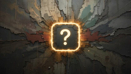 Glowing Orange Question Mark Icon Centered on a Dark, Grunge, and Rusty Exploding Metal Wall Background, Concept for Mystery, Crisis, Unanswered Questions, Discovery, or Dramatic Game Interface