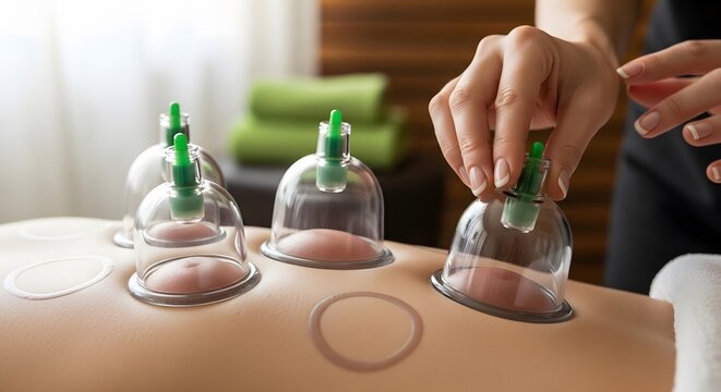 A person receiving cupping therapy treatment, with hands adjusting the suction cups on the back.