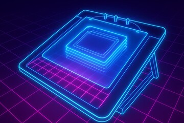 Retro Neon Tablet Interface with Layered Screens on Grid Background