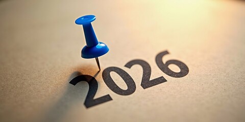 Future planning and goal setting for the year 2026 with a blue pushpin marking an important date on a timeline