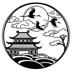 Japanese Pagoda and Crane Vector Emblem (Traditional Art)