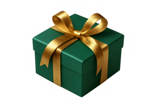 Green gift box with gold ribbon celebrating special event or holiday, surprise present, transparent background