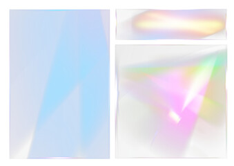 Fototapeta premium A set of three abstract glass textures featuring light refractions and color gradients — one cool-toned blue panel and two warm iridescent glass designs with rainbow reflections and soft illumination 