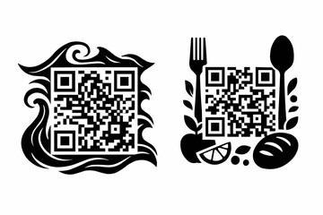 QR Code with Food and Wave Icon : A set of elegant QR code designs, artfully integrated with food elements and water-like pattern, which is used for food ordering or information.