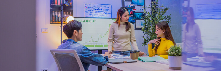 high octane late night office session dedicated agile team comprising the product manager strategist planner advanced AI agent assistance collaboratively brainstorms and conducts meticulous market 