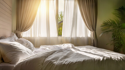 Linen Bed with Open Window Breeze