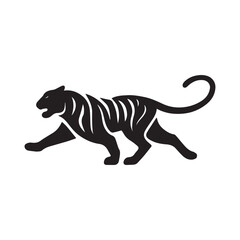 Obraz premium Stylized Tiger Silhouette in Mid-Stride with Curved Tail and Open Mouth Isolated Vector