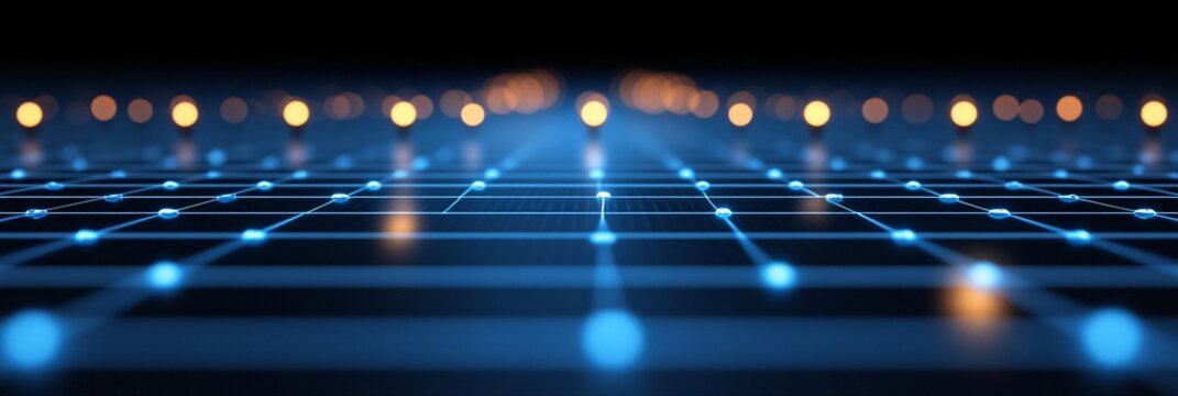 futuristic digital technology grid with glowing nodes and lights for innovation and connectivity