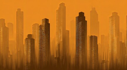 Cityscape with tall buildings and a warm orange hue. The buildings are lit up at night, creating a sense of energy