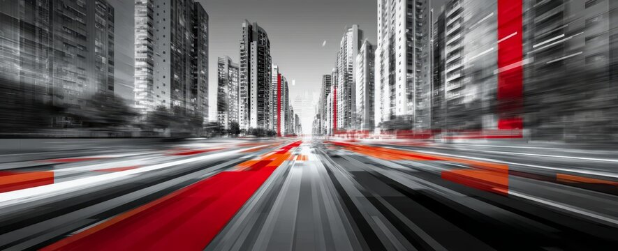 Fototapeta City street with a red line running down the middle. The red line is surrounded by a black and white background
