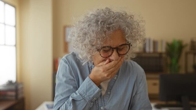 Woman laughing joyfully in a bright office room with bookshelves and plants, capturing a moment of happiness at the workplace.