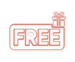 Neon Free Offer Label with Gift Box Icon for Discount Promotions and Special Sale Advertising