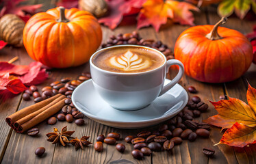 Warm autumn themed scene featuring a white coffee