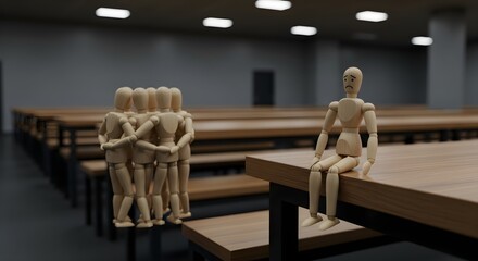 Wooden figure sitting alone while group gathers together, concept of loneliness and social isolation