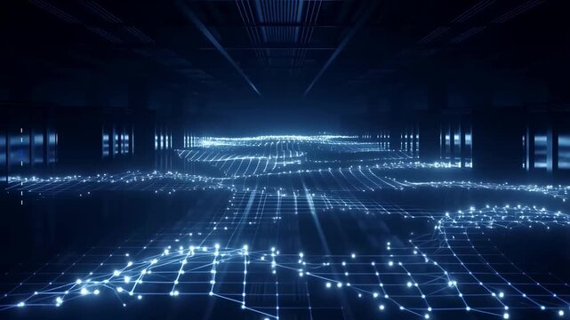 A Futuristic Visualization of Data Flow in a Digital Environment, Highlighting the Dynamic Motion of Light Across a Network of Bright Nodes and Lines