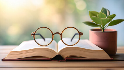 Book with Green Plant and Glasses