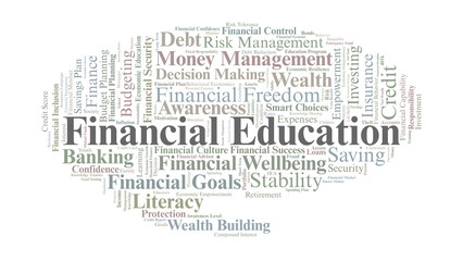 Financial Education Word Cloud. Core Ideas Of Budgeting, Saving, Investing, Credit, And Personal Finance Skills For Financial Stability And Long-Term Economic Empowerment.