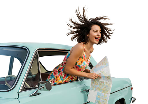 Joyful woman with map in vintage car, windblown hair, adventure awaits