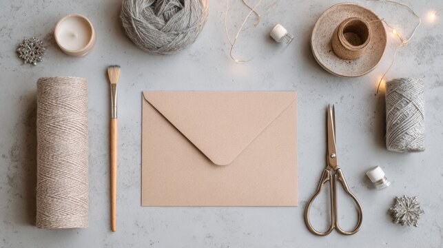 Creative flat lay of craft supplies with yarn and envelopes for diy projects,National Letter Writing Day