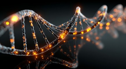Glowing DNA strand is shown in a black background. The glowing strands are illuminated