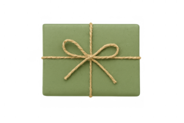 Green gift box with a rustic twine bow, creating a minimalist concept of giving and celebration. Top view