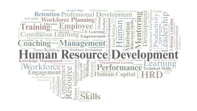 Human Resource Development Word Cloud. Key Concepts On Learning, Skills, Performance, And Organizational Growth.