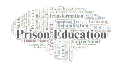Prison Education Word Cloud. Key Concepts On Rehabilitation, Learning, Skills, And Reentry.