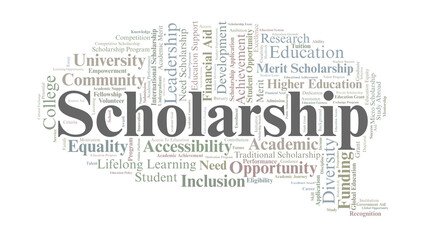 Scholarship Word Cloud. Key Terms On Financial Aid, Academic Merit, Educational Opportunity, Inclusion, And Student Empowerment In Higher Learning.