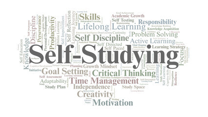 Fototapeta premium Self-Studying Word Cloud. Key Concepts On Independent Learning, Motivation, Discipline, Planning, And Personal Academic Growth In Modern Education.