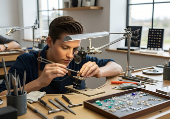 A jeweler crafting a ring using precision tools in a bright workshop.