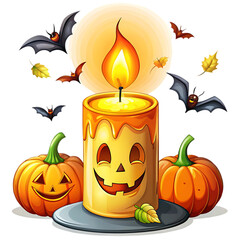 Halloween Candle, Pumpkins, and Bats: Festive Cartoon Illustration