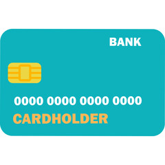 Cyan Bank Card Illustration With Gold Chip And White Text For Bank And Cardholder Information On Transparent Background