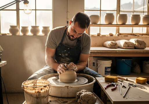 A potter shaping clay on a pottery wheel in a studio, realistic lighting. - Powered by Adobe