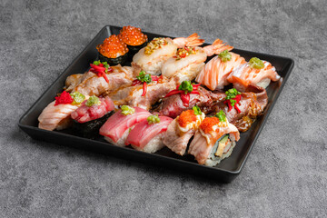 Assorted Japanese Sushi Platter on Black Plate