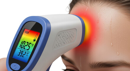 Close-up of infrared forehead thermometer measuring high fever on skin  isolated on a transparent background  