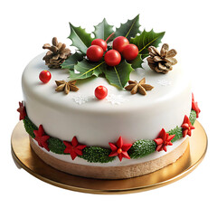 Christmas Cake: Festive Holiday Dessert, Elegant White Icing, Red Berries, Holly Decoration